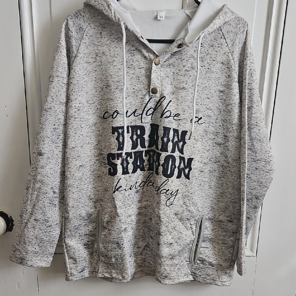 Women's Gray Hooded Sweatshirt with Graphic Print